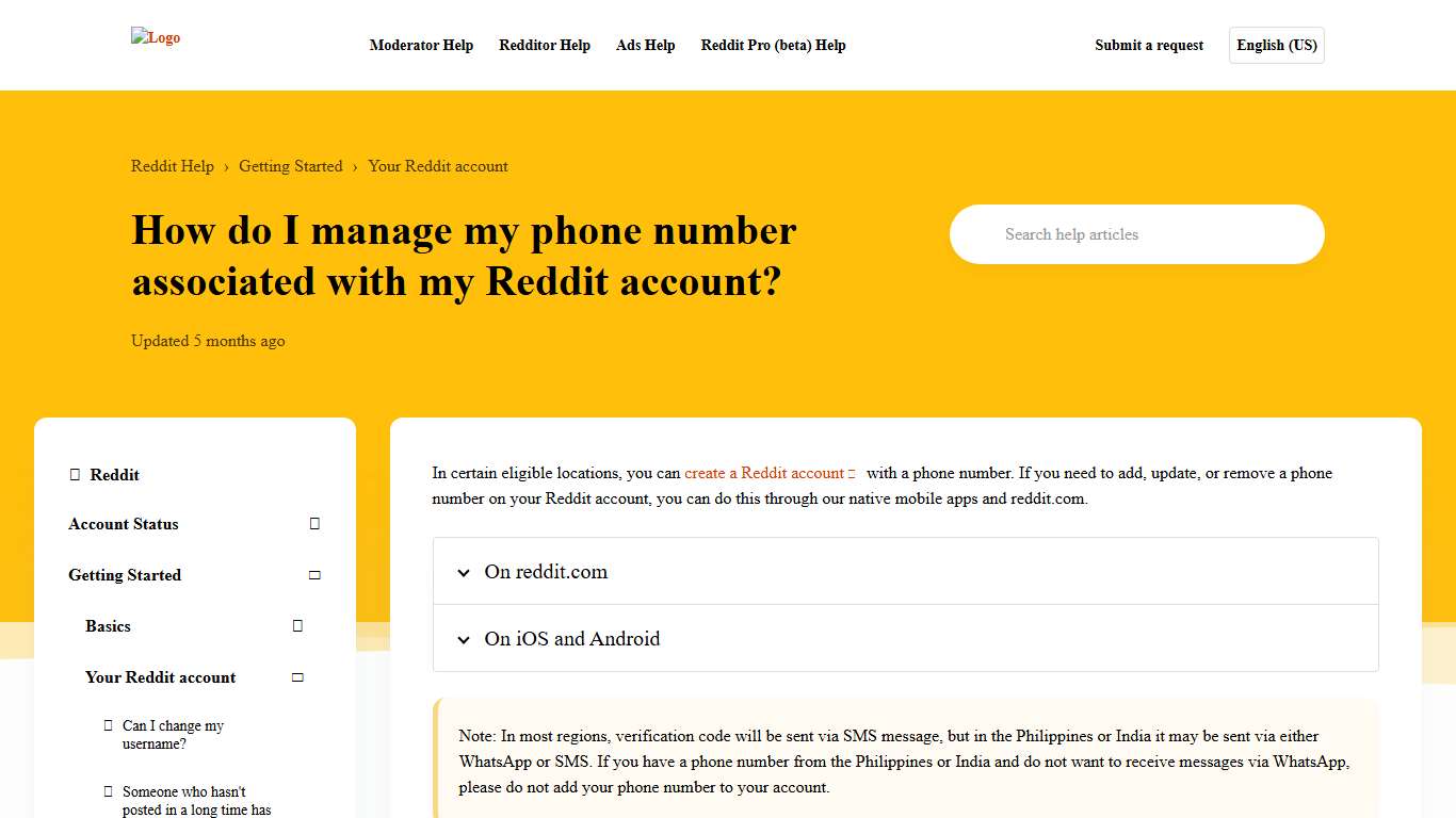 How do I manage my phone number associated with my Reddit account? – Reddit Help
